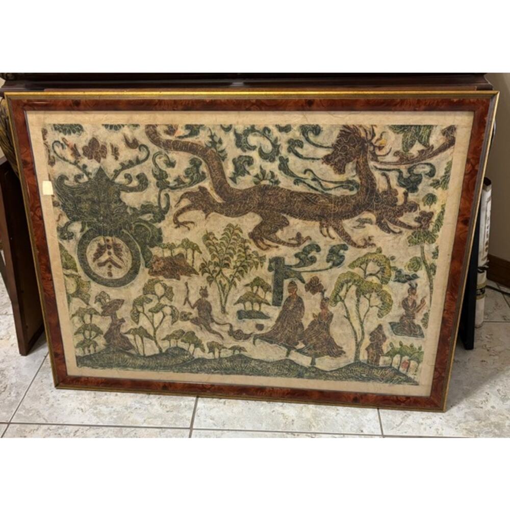 Vintage Large Rice Paper Thai Temple Rubbing Dragon Scroll of Spirits Framed 38"